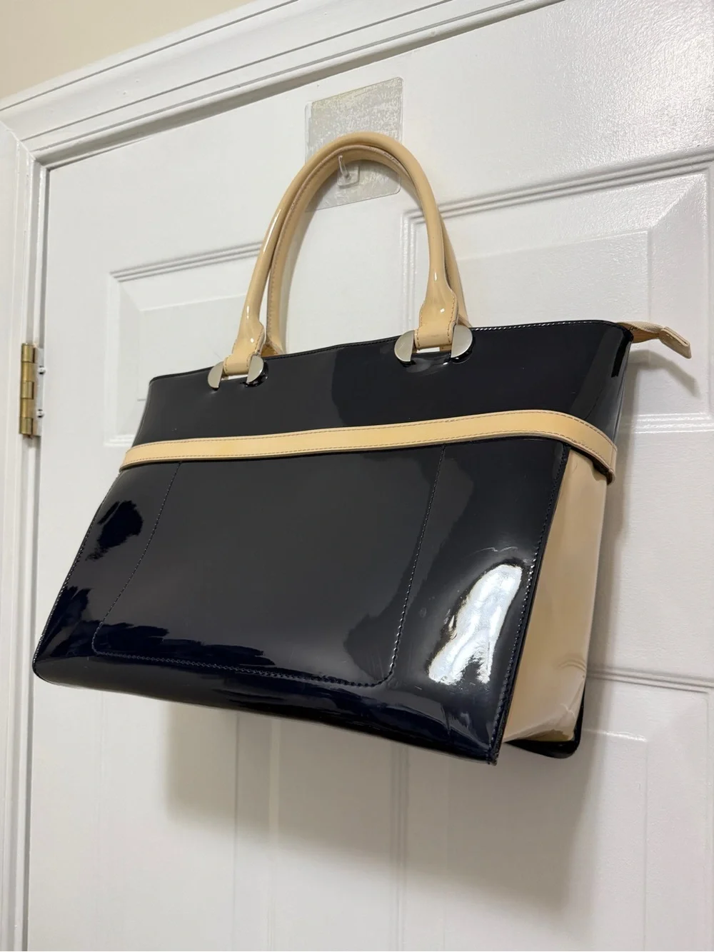 L.K Baanet Italian Patent Navy and Cream Tote Handbag